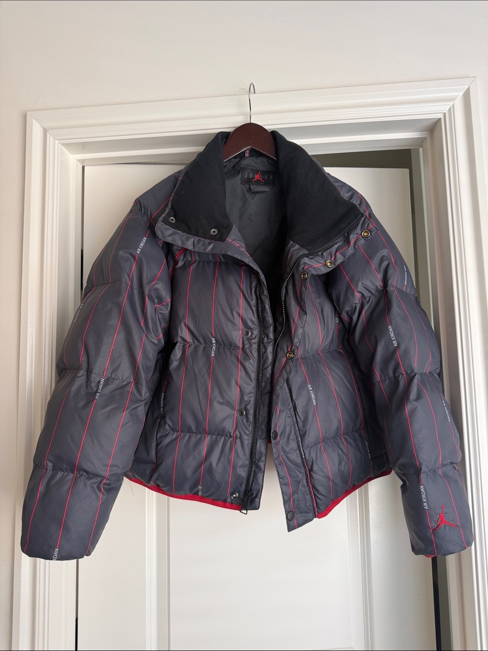 Jordan Gray Puffer Jacket with Red Pinstripes